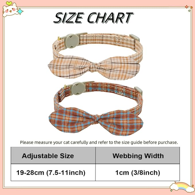 Cotton Bowtie Cat Collar with Bell 2 Pack Plaid Breakaway Kitten Collars with - Image 7