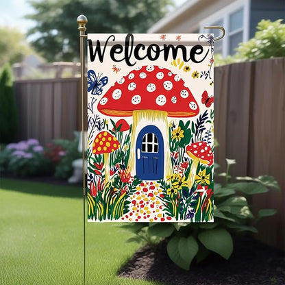 Mushroom House Garden Flag 12x18 Inch Welcome Yard Banner Whimsical Fairy Tale - Image 3