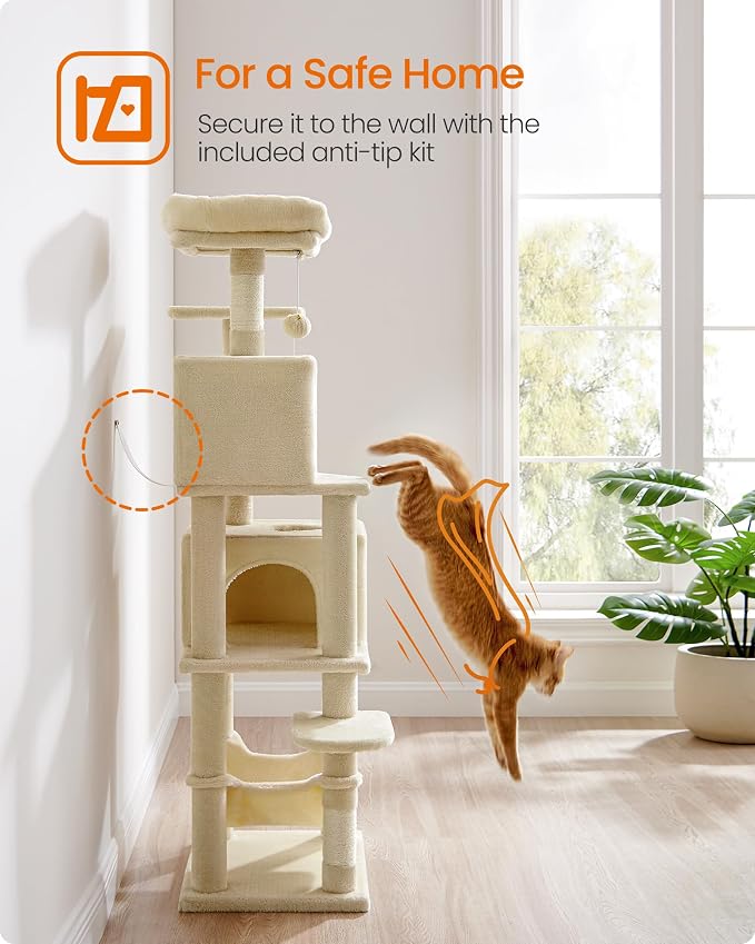 Feandrea Cat Tree, 59.5-Inch Tall Cat Tower, Plush Multi-Level Condo - Image 8