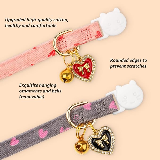 2 Pack Cotton Breakaway Cat Collar Pink and Gray Heart Shaped Pendant Cute - Image 2