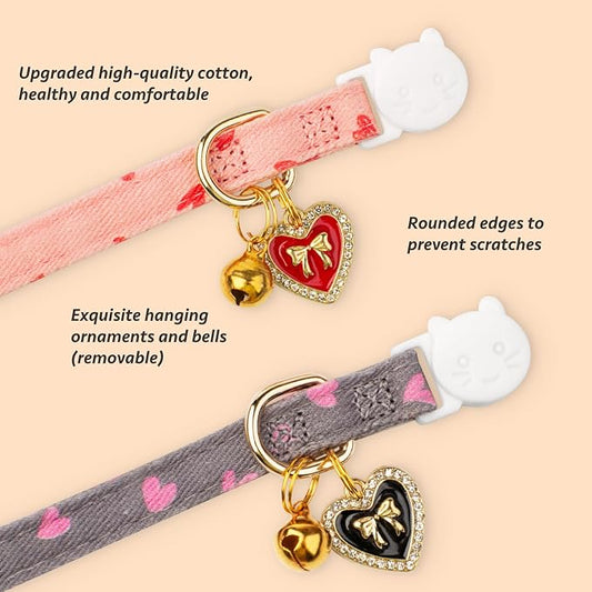 2 Pack Cotton Breakaway Cat Collar Pink and Gray Heart Shaped Pendant Cute - Image 2