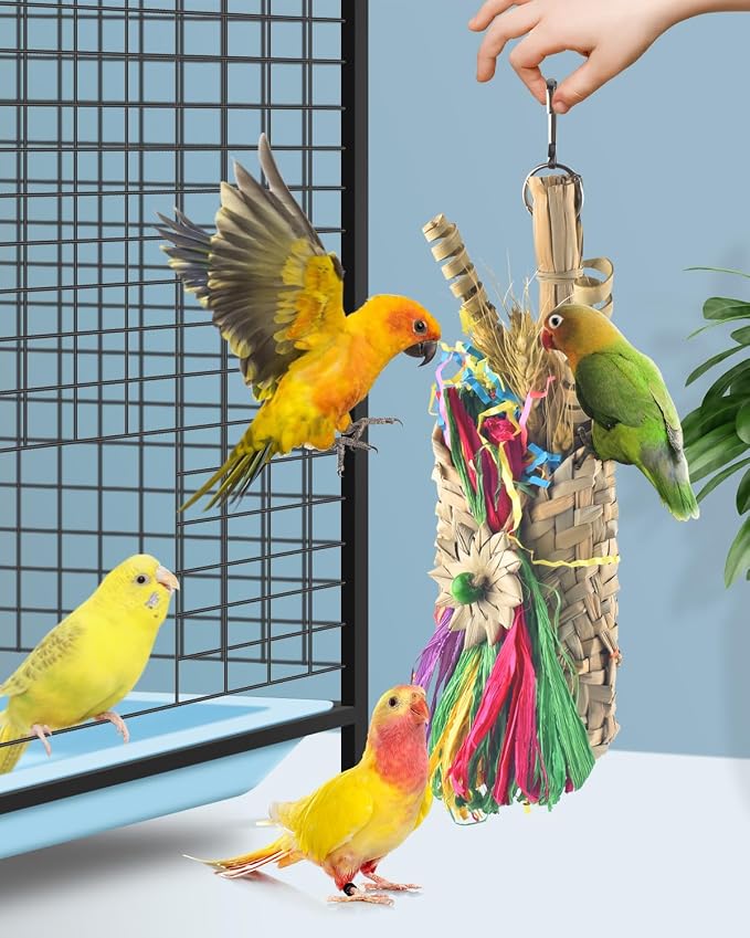 Bissap Bird Chew Toys, Parrot Foraging Shredder Natural Palm Frond Woven Bag - Image 6