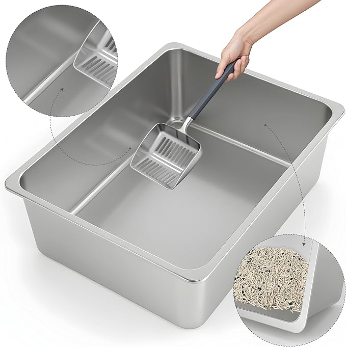 Kirecoo Stainless Steel Cat Litter Box XXL- Metal High Sided Cat Pan, Large - Image 3