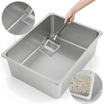 Kirecoo Stainless Steel Cat Litter Box XXL- Metal High Sided Cat Pan, Large - Image 3