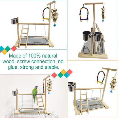 Hamiledyi Bird Playground Parrots Play Stand Natural Wooden Parrot Perch Gym - Image 3