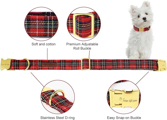 Unique style paws Dog Collar Scottish Plaid Black Red Metal Buckle Durable - Image 2