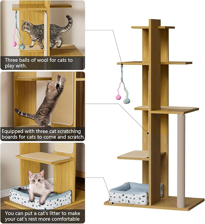 PAKASEPT 65.5" Tall Cat Tree, Cat Bed, Cat Balls, Freestanding Wooden Cat - Image 4