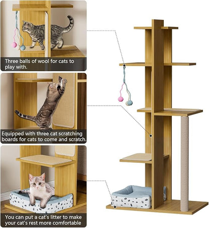 PAKASEPT 65.5" Tall Cat Tree, Cat Bed, Cat Balls, Freestanding Wooden Cat - Image 4