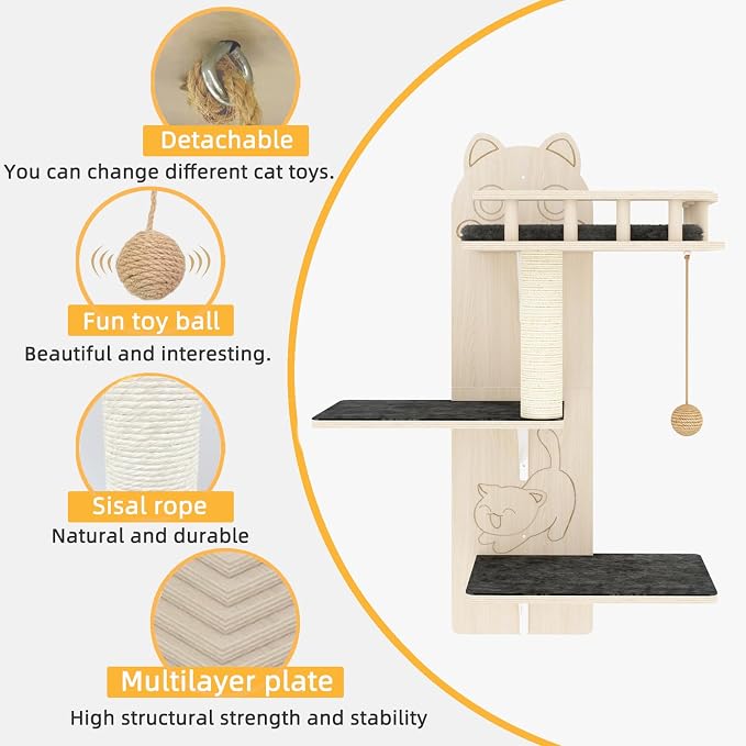 Cat Wall Shelves, 3 Platform Kitten Wall Furniture, DIY - Image 4