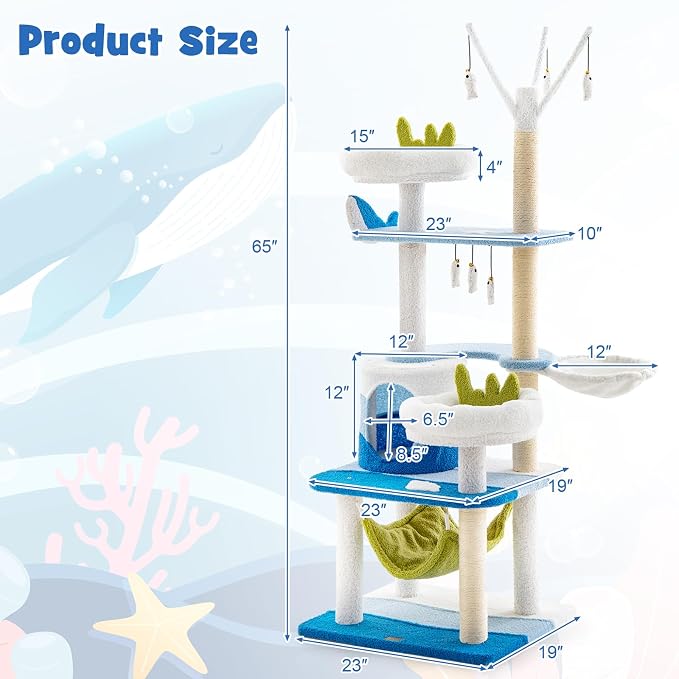 Tangkula Ocean-Themed Cat Tree, Jump Platforms, Hanging Interactive Toys - Image 4