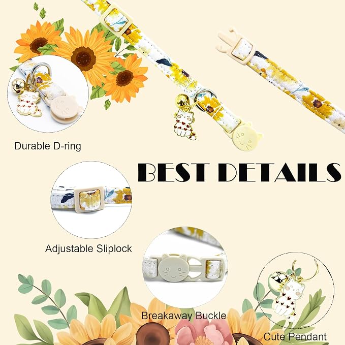Elegant little tail 2 Pack Cat Collar- Sunflower Print Cotton Breakaway Cat - Image 2