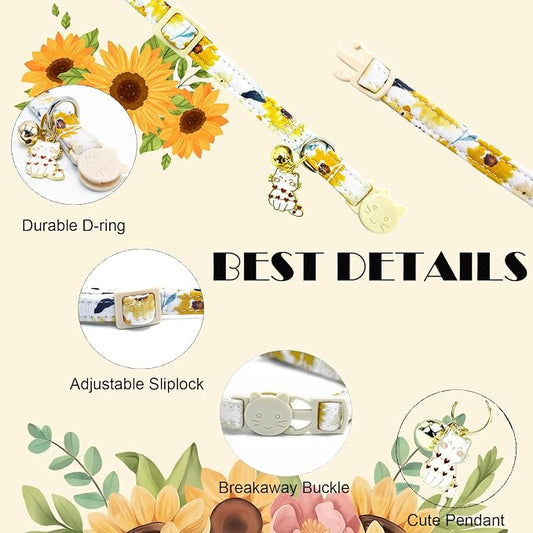 Elegant little tail 2 Pack Cat Collar- Sunflower Print Cotton Breakaway Cat - Image 2