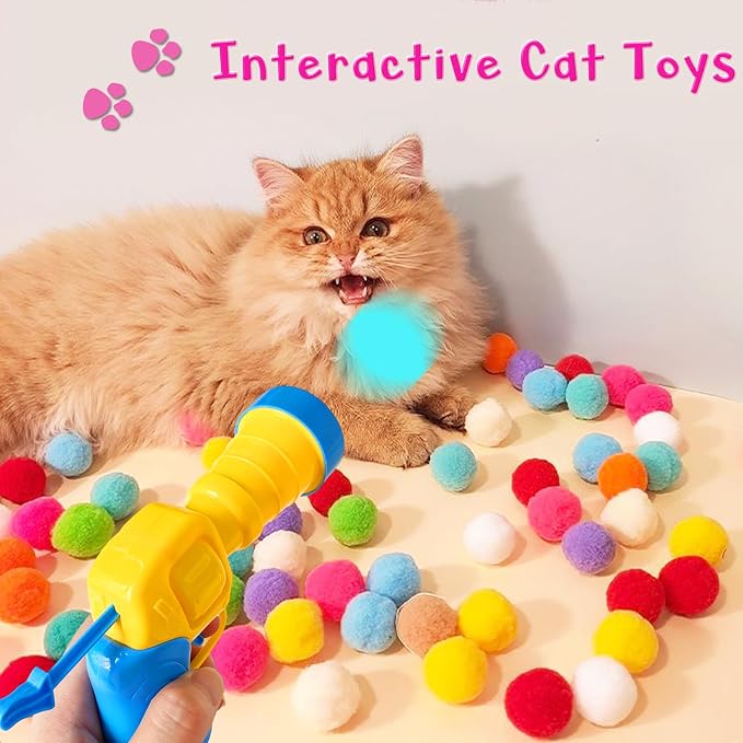 2 Cat Toy Launchers & 100 Cat Pom Pom Balls, Cat Toys Balls Launcher, Launch - Image 5