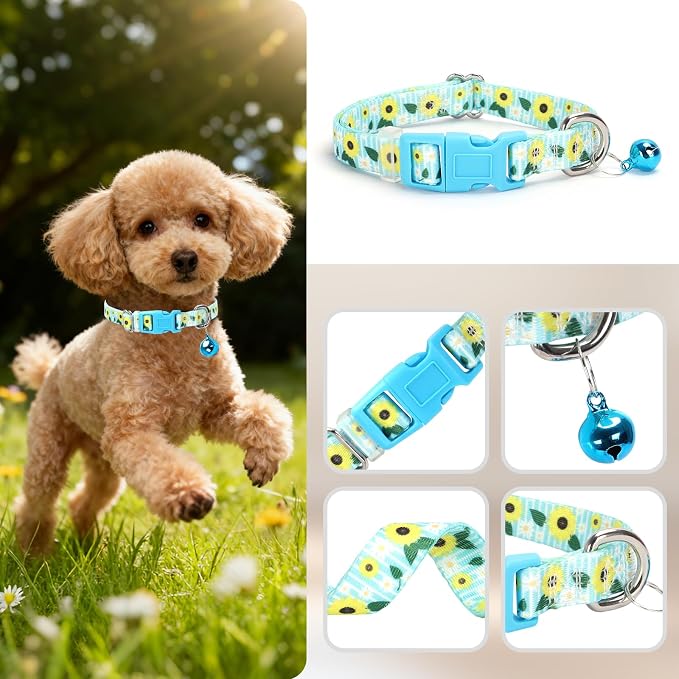 Small Dog Collar with Bell for Small Dogs, Adjustable Sunflower Print Collar - Image 3