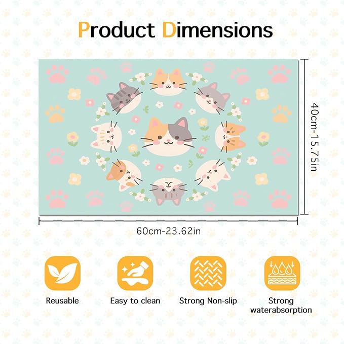 Cat Feeding Mat 24x16 inch Kitten Print Pet Bowl Placemat Non Slip Floor Mat - Image 6