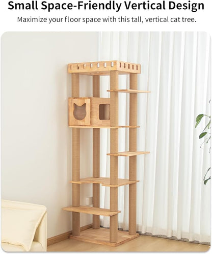 74" Wooden Cat Tree Tower for Large Cats, Cat Condo & Hammock, Natural Wood Cat - Image 11