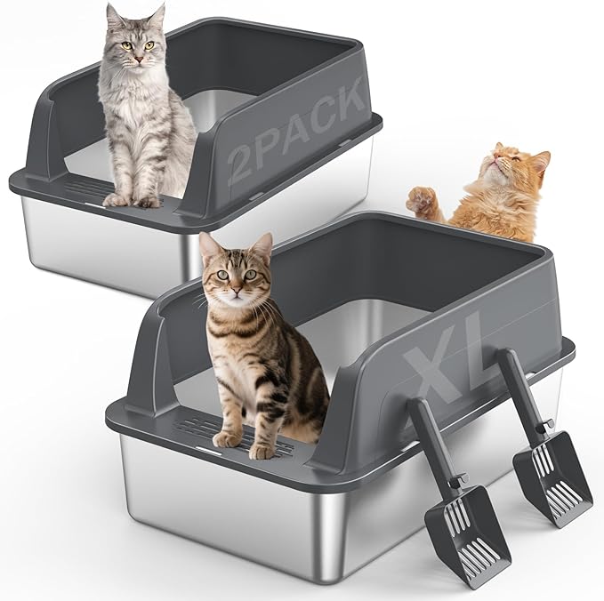 2PACK Stainless Steel Litter Box, Extra Large Litter Boxes by MIXJOY