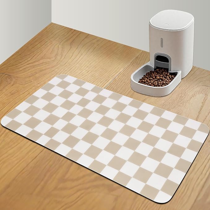 Checkered Dog Food Mat, Absorbent Leak-Proof Pet Feeding Mat, Quick Dry Cat by CooRug