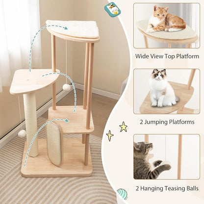 Tangkula Wood Cat Tree for Indoor Cats, Padded Perch, Hanging Toy, Minimalist - Image 5
