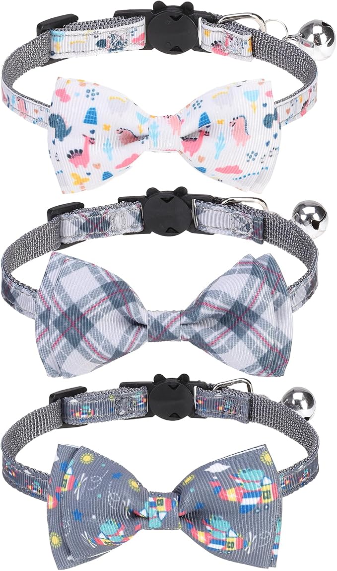 Breakaway Cat Collar with Removable Bow Tie and Bell, Cute Multi-Style Patterns by VKPETFR