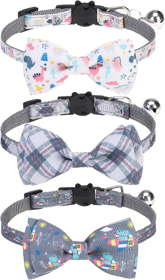Breakaway Cat Collar with Removable Bow Tie and Bell, Cute Multi-Style Patterns by VKPETFR