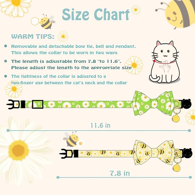 Breakaway Cat Collar with Cute Bow Tie Bell 2Pack Daisy Bee Pattern - Image 2