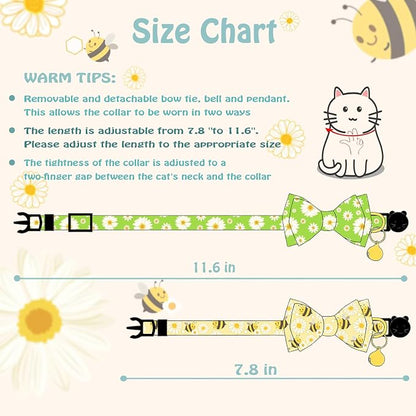 Breakaway Cat Collar with Cute Bow Tie Bell 2Pack Daisy Bee Pattern - Image 2