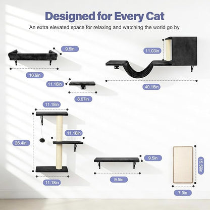 Cat Wall Shelves, Stable & Safe 6 in 1 Cat Furniture Set Black, - Image 2