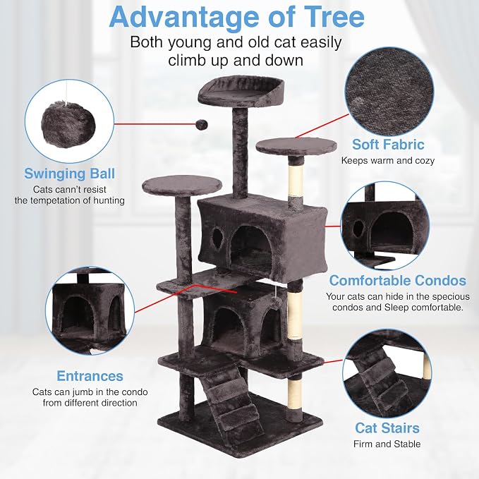 FDW | 54" Cat Tree Tower | Purple Gray | Multi-Level Indoor Activity Center - Image 3