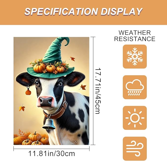 Happy Fall Garden Flag Halloween Flag Cute Cow Calf 12x18 Inch Witch Hat - Image 3