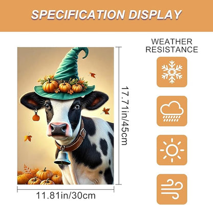 Happy Fall Garden Flag Halloween Flag Cute Cow Calf 12x18 Inch Witch Hat - Image 3