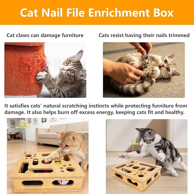 Interactive Wooden Cat Scratch Puzzle Enrichment Box, Cat Nail File Enrichment - Image 4