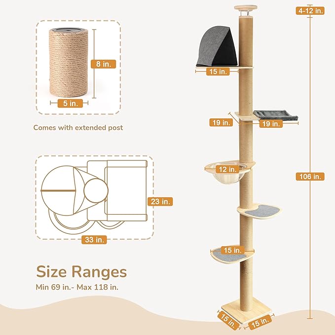 FUKUMARU Floor to Ceiling Cat Tree, 6 Level Adjustable Height Climbing Tower - Image 3