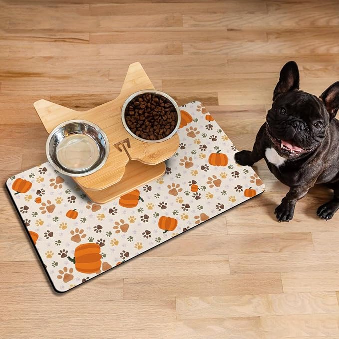 Fall Pumpkin Dog Food & Water Mat, Paw Prints Autumn Pet Feeding Mat - Image 2