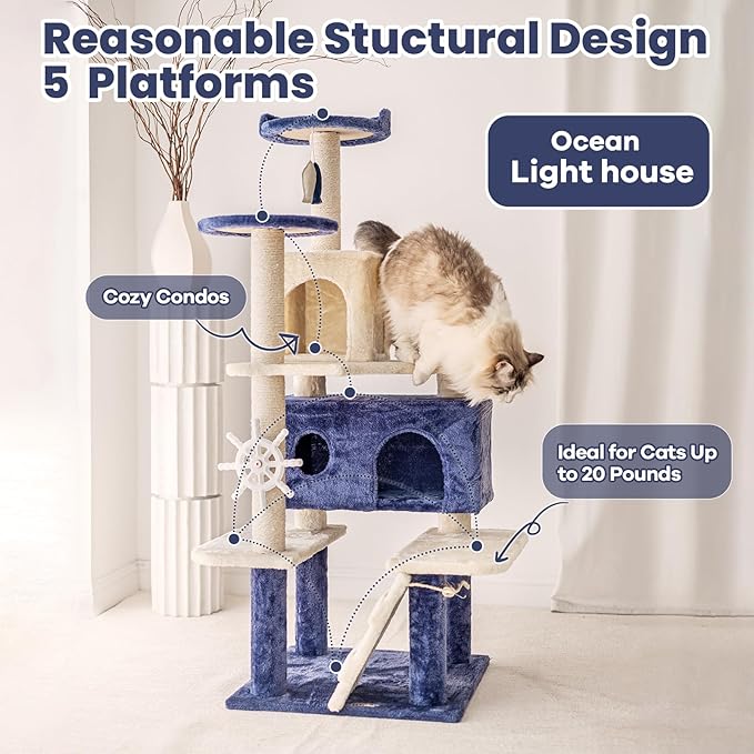 HYABi 53 Inch Ocean Theme Cat Tree Tower, Scratch Posts, Toy Ball, Luxury - Image 2