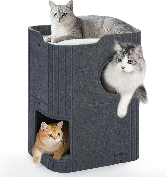 Made4Pets Cat House for Indoor Use, 2-Storey Cube Bed Cave, Covered Hideaway by Made4Pets