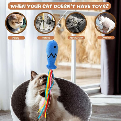 Natural Wood Cat Wand Toy with Ribbon Fish Teaser - Image 4