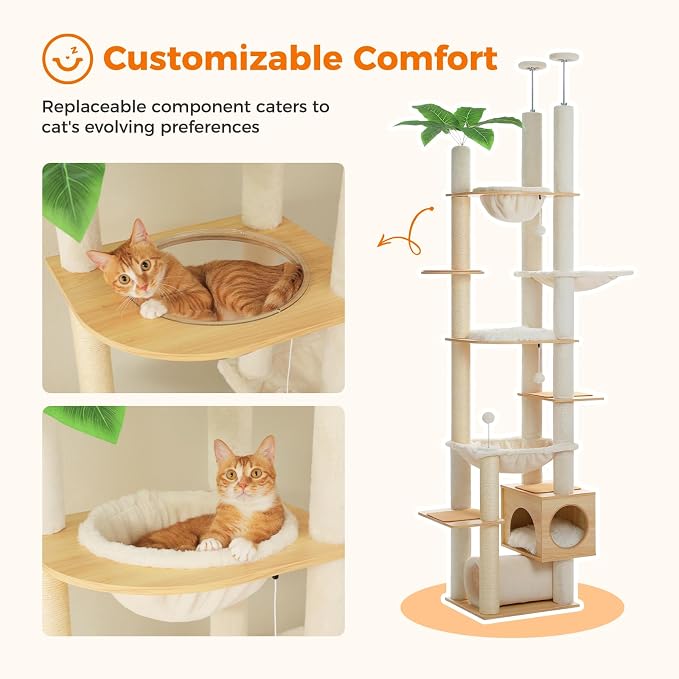 PETEPELA Floor to Ceiling Cat Tree, 93.3''-100.8'' Height Adjustable Wooden Cat - Image 5