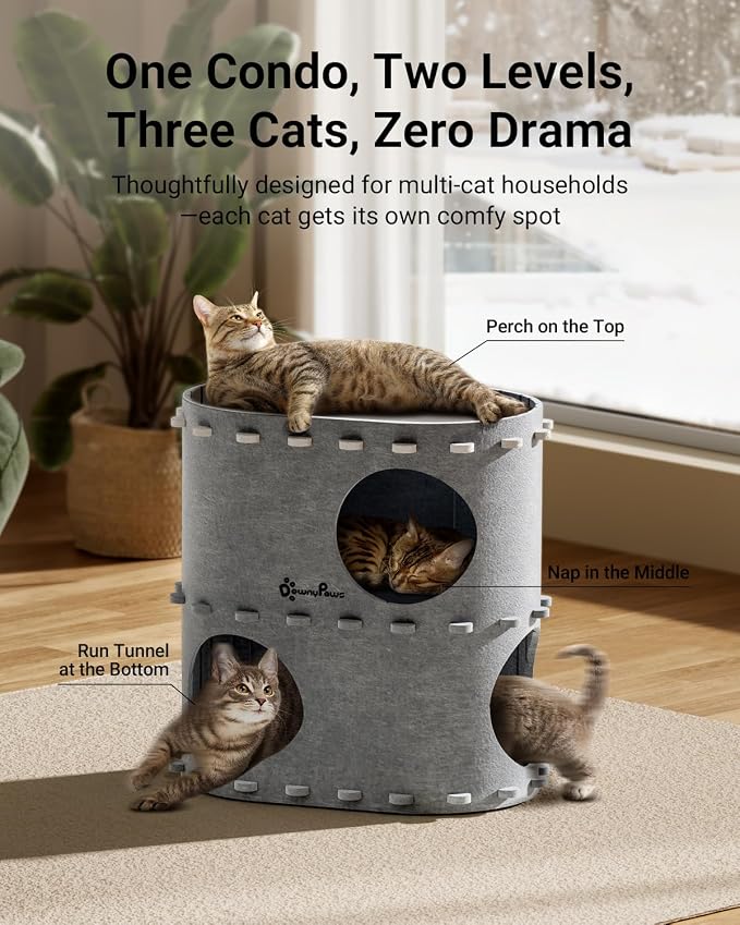 DownyPaws Cat House for Indoor Cats, 2-Storey Foldable Cat Bed Cave, Felt Cats - Image 2