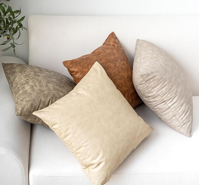 Pack of 4 Neutral Decorative Faux Leather Throw Pillow Covers 18x18 inch - Image 4