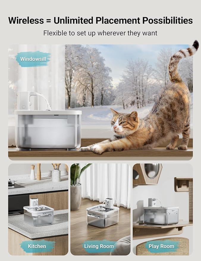 DownyPaws Battery Operated Cat Water Fountain Stainless Steel, 84oz/2.5L - Image 2