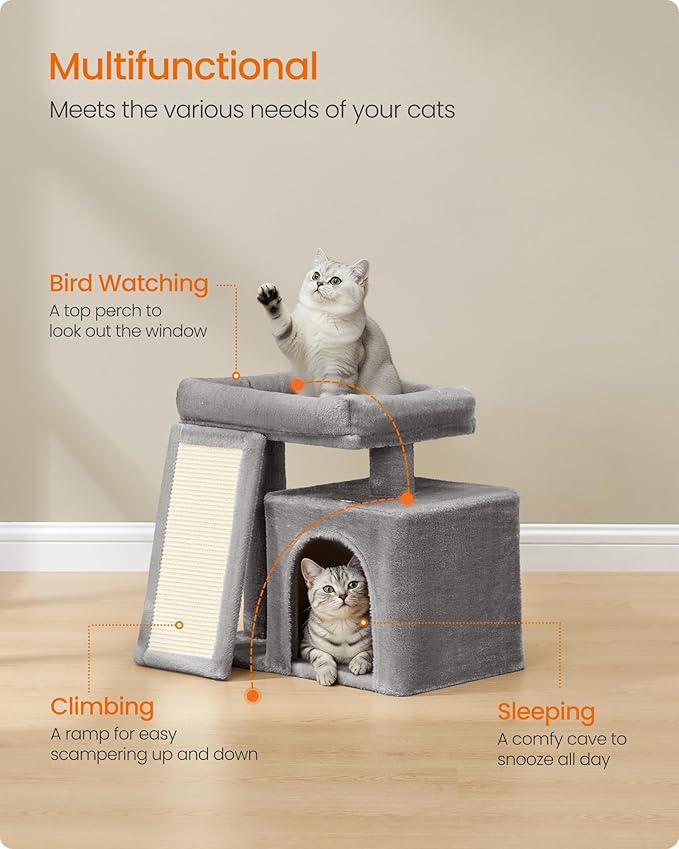 Feandrea Small Cat Tree, Cat Tower Condo, Scratching Ramp, Large Top Perch - Image 3