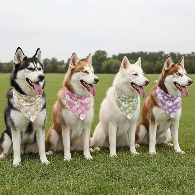 4Pcs Floral Dog Bandanas Girl Large Daisy Triangle Scarf Reversible Spring Bibs - Image 5