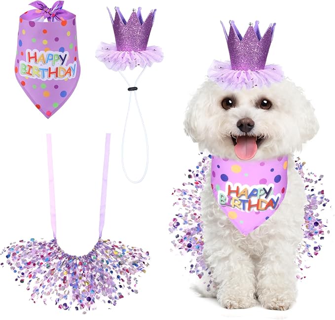 Dog Birthday Bandana with Hat and Dress Girl Set, Dog Birthday Hat Bandana Girl by Unknown