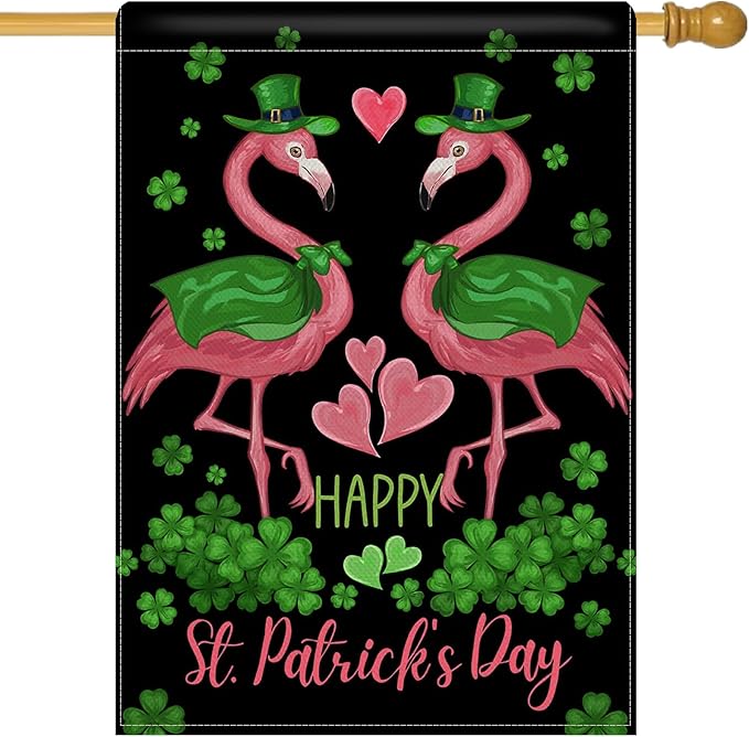 Dyrenson Happy St Patricks Day Flamingo 28 x 40 House Flag Double Sided by Dyrenson