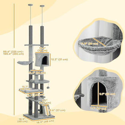 PawHut Floor to Ceiling Cat Tree, Scratching Posts & Ramp - Image 7