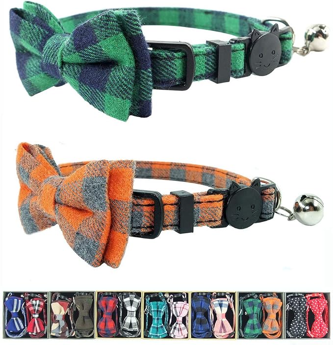 Cat Collar Breakaway with Bell and Bow Tie, Plaid Design Adjustable Safety by Ximipet