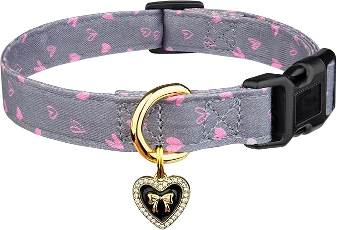 Cotton Handmade Dog Collar Cute and Distinctive Patterns Grey Heart by Fyeqyaou