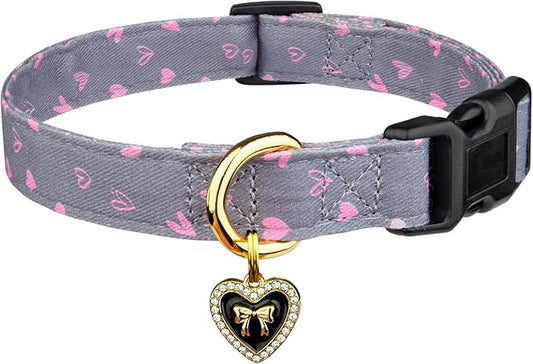 Cotton Handmade Dog Collar Cute and Distinctive Patterns Grey Heart by Fyeqyaou