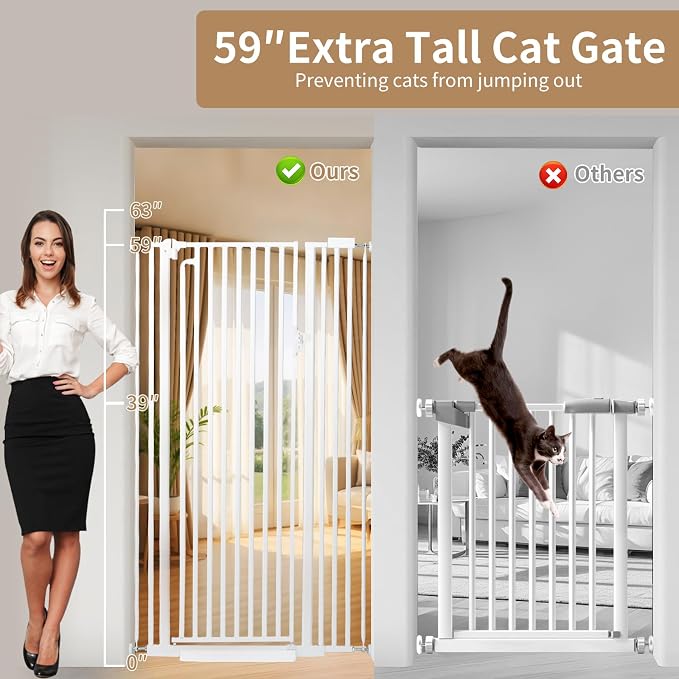 59“ Extra Tall Cat Gate for Doorway: 33.4-37.4” Wide Pet Gate, Auto Close/One - Image 6